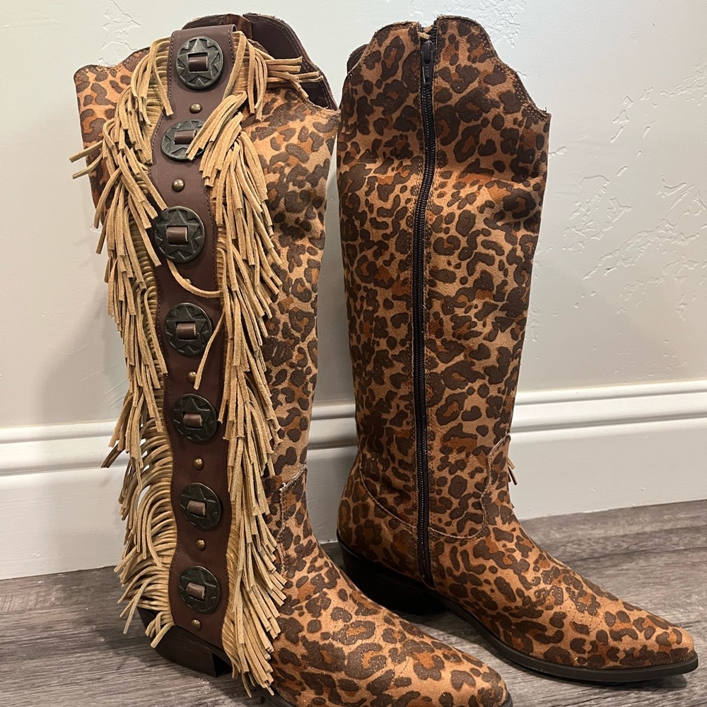 Leopard Print Fringe Knee-High Boots